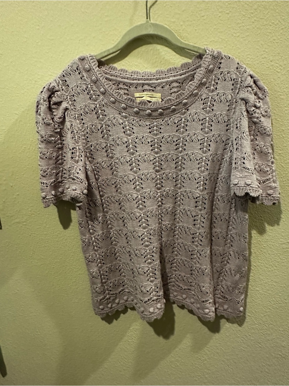 Anthropologie Lavender Lace-Knit Puff Sleeve Top